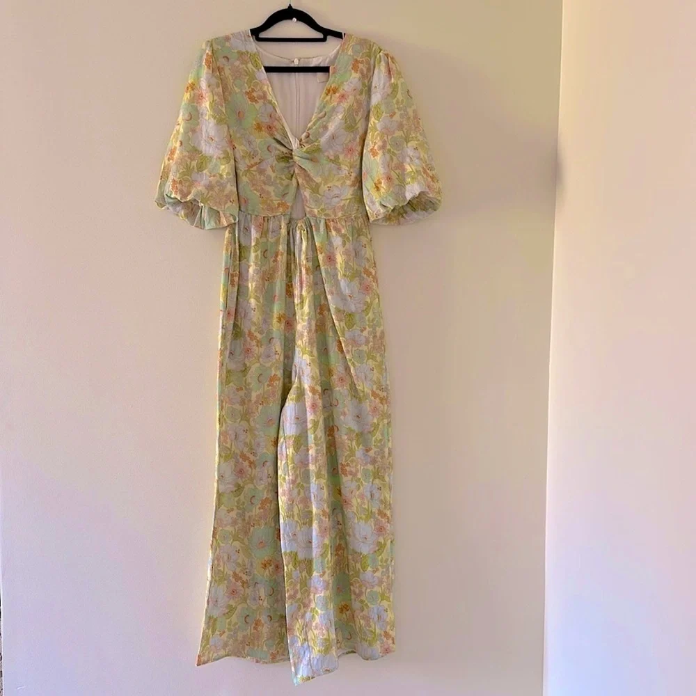 NWT Free people Floral Twist Front Cutout Jumpsuit V-neck Green Sancia Size S